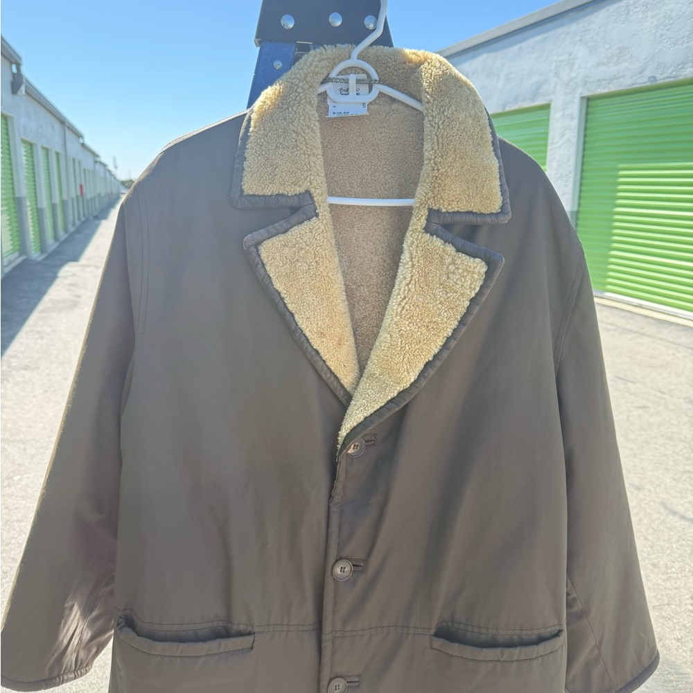 Men's Brown Sherpa-Lined Coat with Tan Shearling Collar